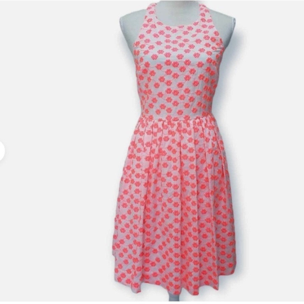 J.Crew Neon Pink Floral Embroidered Cotton Dress A5586 White 6 NEW